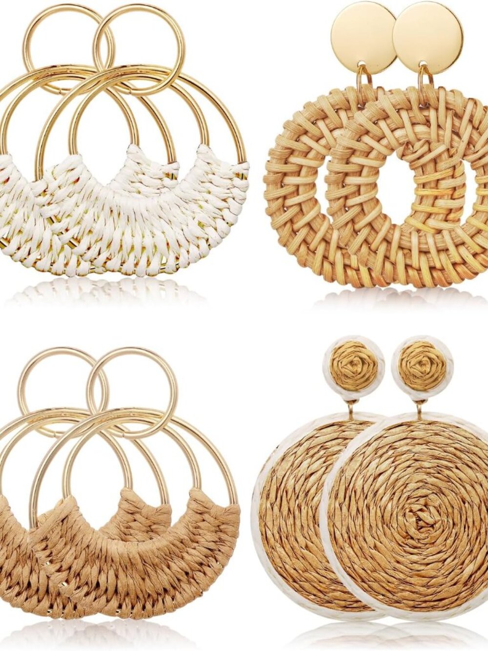 4 Pairs Handmade Raffia Rattan Bohemian Round Drop Dangle Earrings for Women, Bo